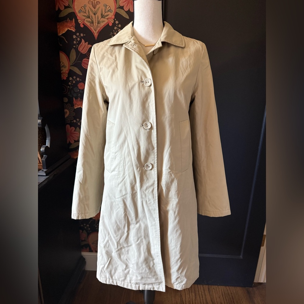 Jane Post Saks Fifth Avenue Vintage Tan Beige Midi Coat Raincoat Lined Size XS